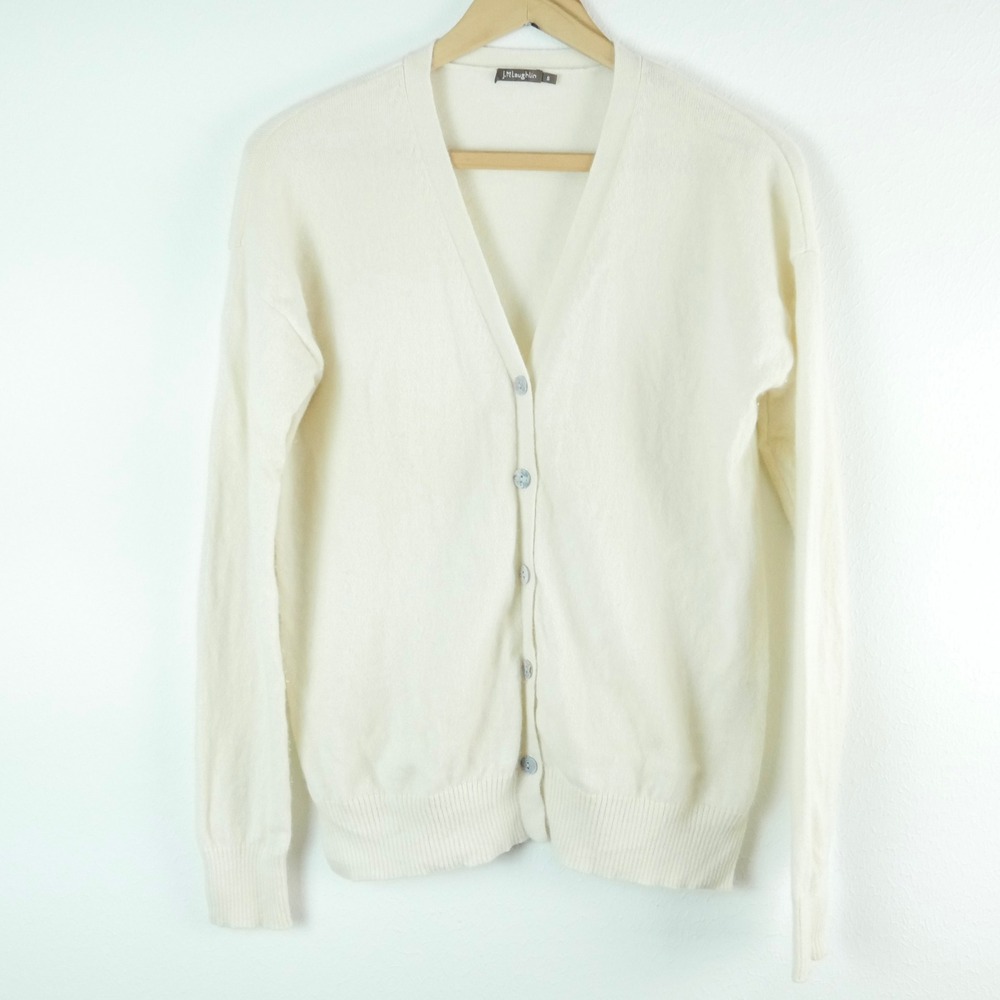 J.McLaughlin Cashmere Cardigan Sweater Cream Ivory V-Neck Small Quiet Luxury